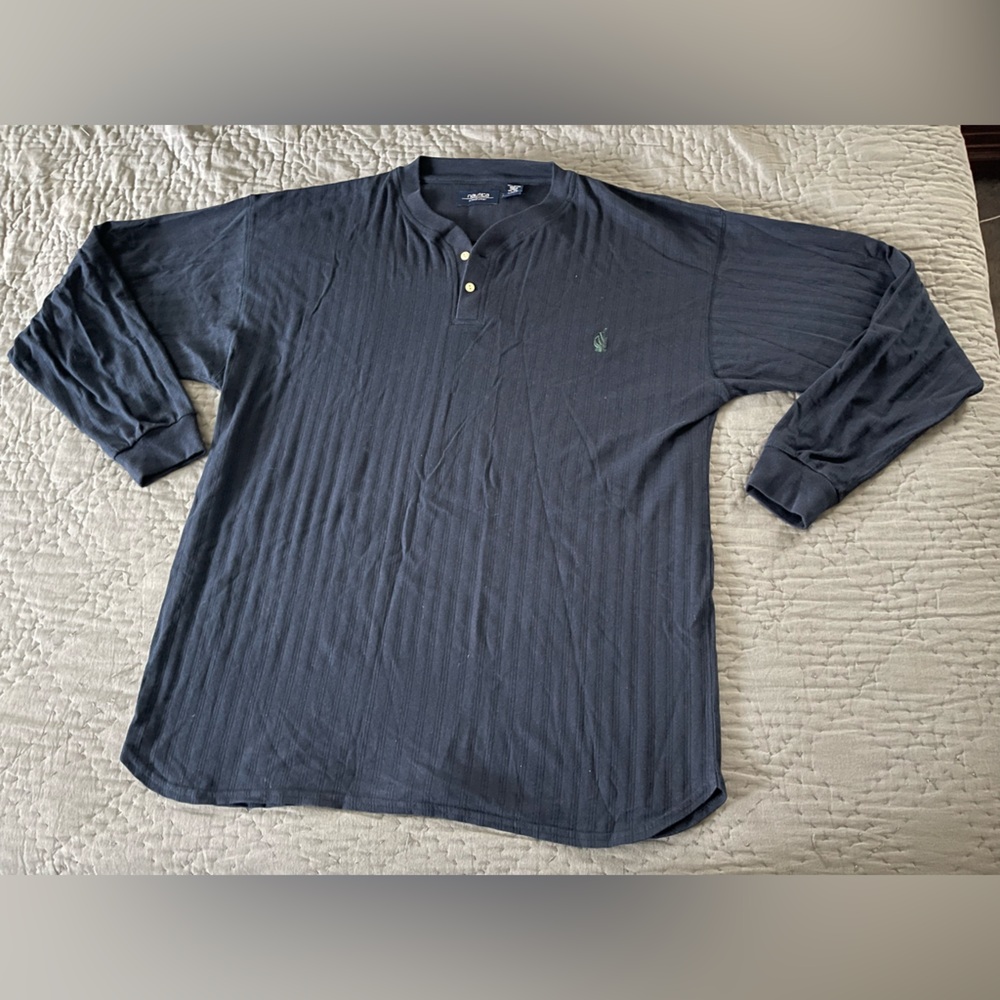Nautica Sleepwear Navy Blue Long Sleeve Shirt 100 Cotton XL Ribbed Travel Resort